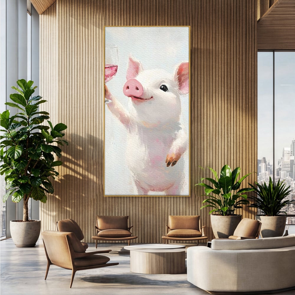 Tablou canvas cu tablou canvas cu purcelus si pahar de vin, in rama de aluminiu auriu, pe perete intr-un birou